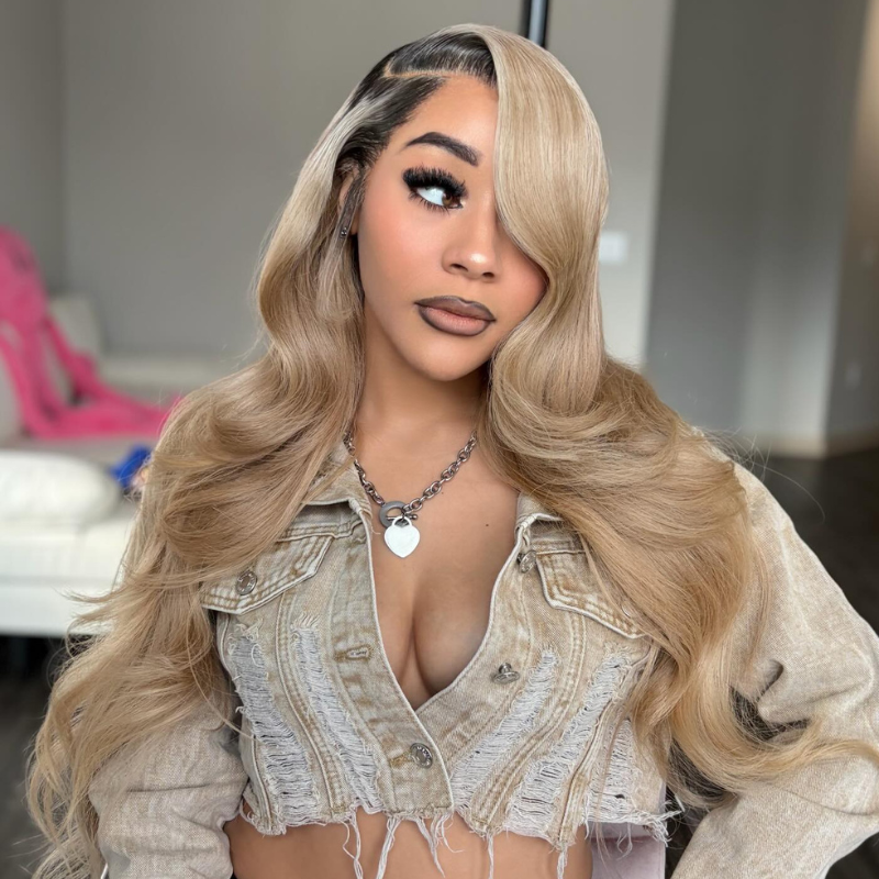 SZC Strawberry Ash Blonde With Dark Roots 13x4 Lace Front Remy Human Hair Wigs