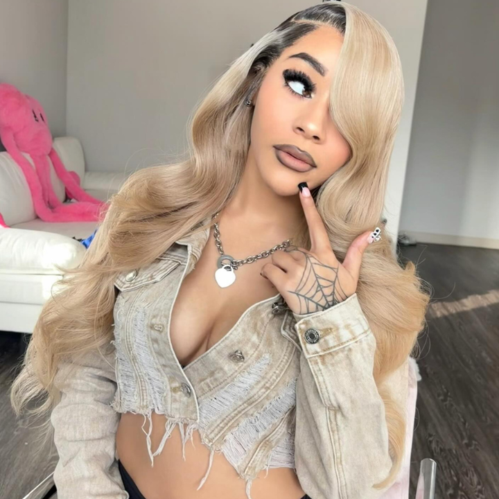 SZC Strawberry Ash Blonde With Dark Roots 13x4 Lace Front Remy Human Hair Wigs