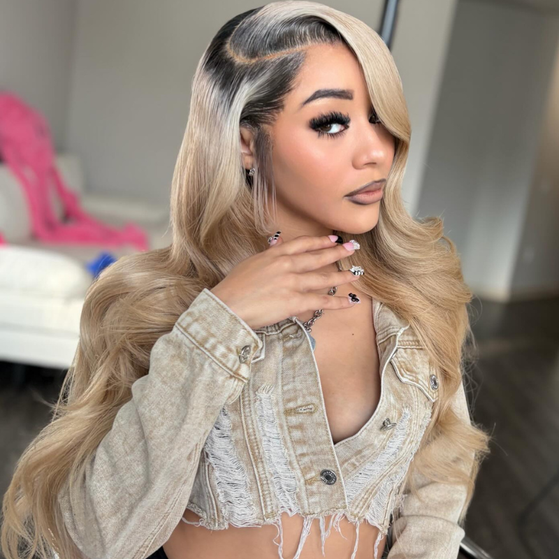 SZC Strawberry Ash Blonde With Dark Roots 13x4 Lace Front Remy Human Hair Wigs