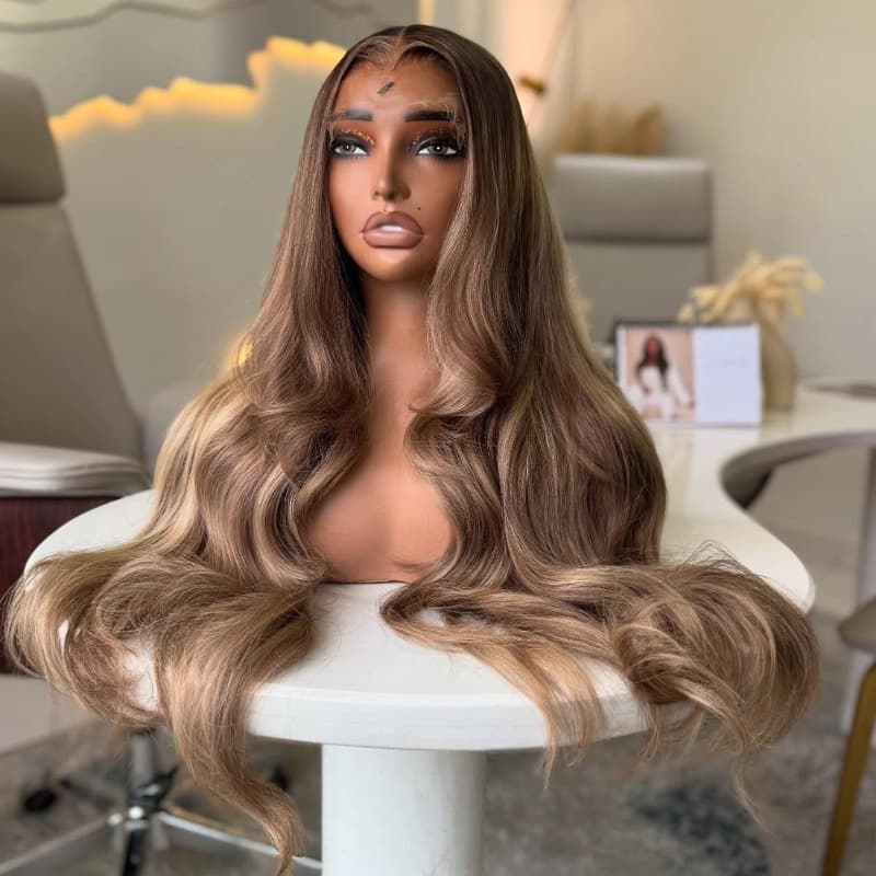 SZC Strawberry Honey Blonde Brown Highlights 13x4 Lace Front Virgin Human Hair Wigs