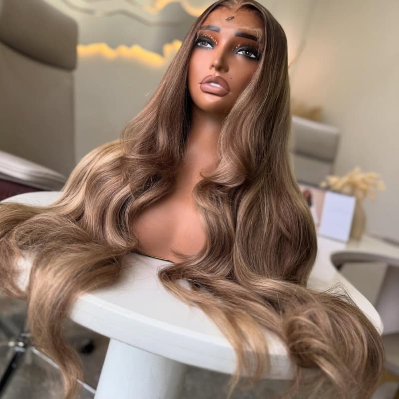 SZC Strawberry Honey Blonde Brown Highlights 13x4 Lace Front Virgin Human Hair Wigs