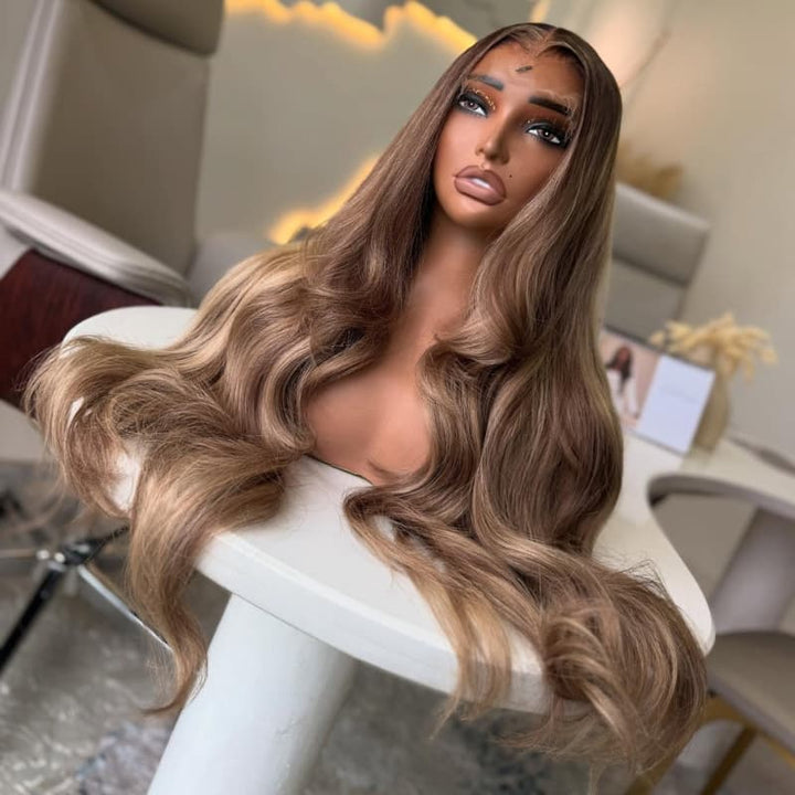 SZC Strawberry Honey Blonde Brown Highlights 13x4 Lace Front Virgin Human Hair Wigs