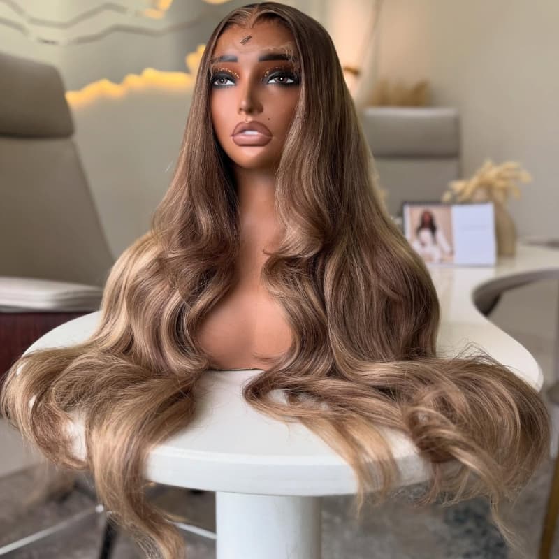 SZC Strawberry Honey Blonde Brown Highlights 13x4 Lace Front Virgin Human Hair Wigs