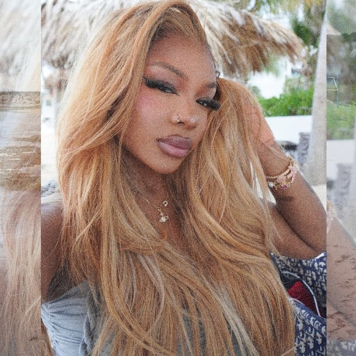 SZC Sun-Kissed Golden Caramel Honey Blonde Luxury Summer Beach Vacations 13x4 Lace Front Human Hair Wigs