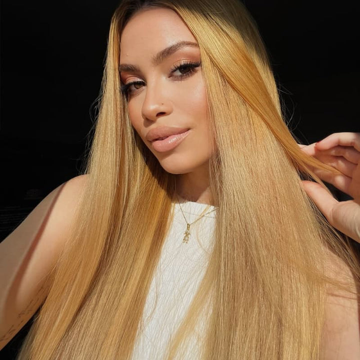 SZC Sun-Kissed Golden Honey Blonde Bone Straight 13X4 Lace Front Human Hair Wigs