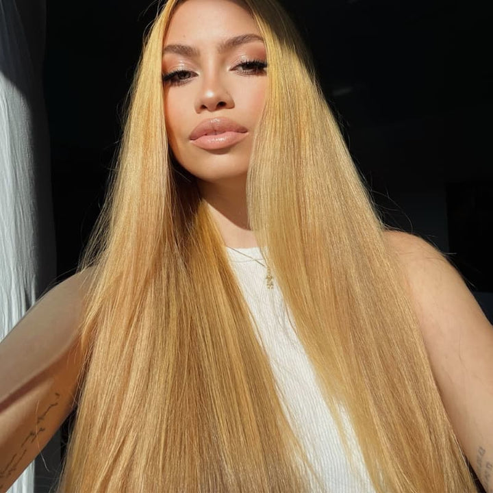 SZC Sun-Kissed Golden Honey Blonde Bone Straight 13X4 Lace Front Human Hair Wigs