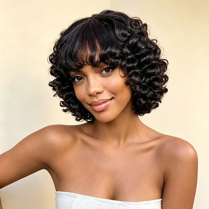 SZC Tight Spiral Deep Curls Short Bob Machine Made Human Hair Wigs