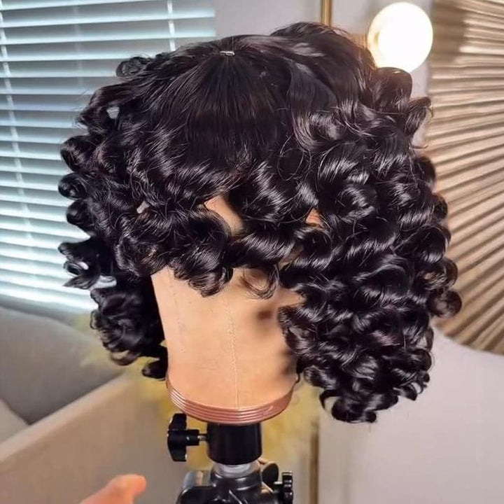 SZC Tight Spiral Deep Curls Short Bob Machine Made Human Hair Wigs