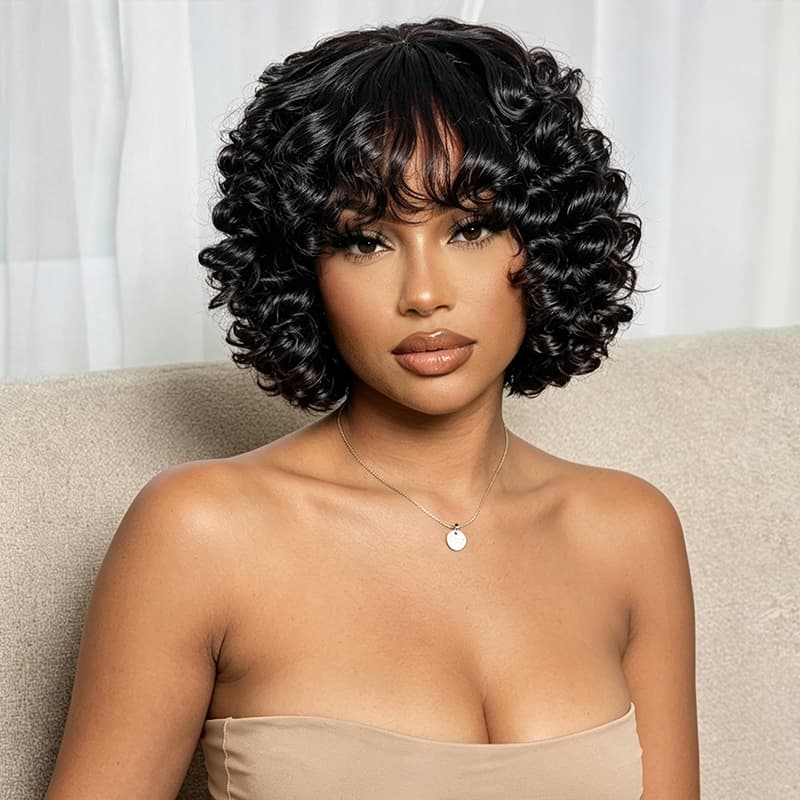 SZC Tight Spiral Deep Curls Short Bob Machine Made Human Hair Wigs