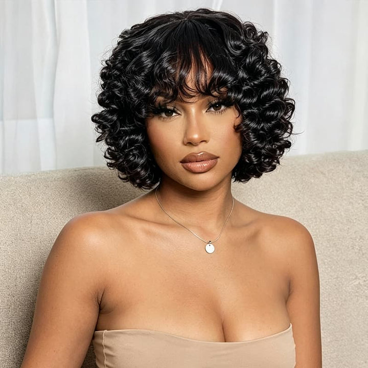 SZC Tight Spiral Deep Curls Short Bob Machine Made Human Hair Wigs
