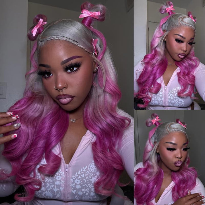 SZC Two Tone Ombre Platinum Silver Gray Vibrant Bubblegum Fuchsia Pink 13x4 Lace Front Human Hair Wig