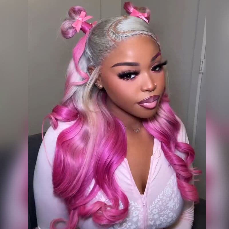SZC Two Tone Ombre Platinum Silver Gray Vibrant Bubblegum Fuchsia Pink 13x4 Lace Front Human Hair Wig
