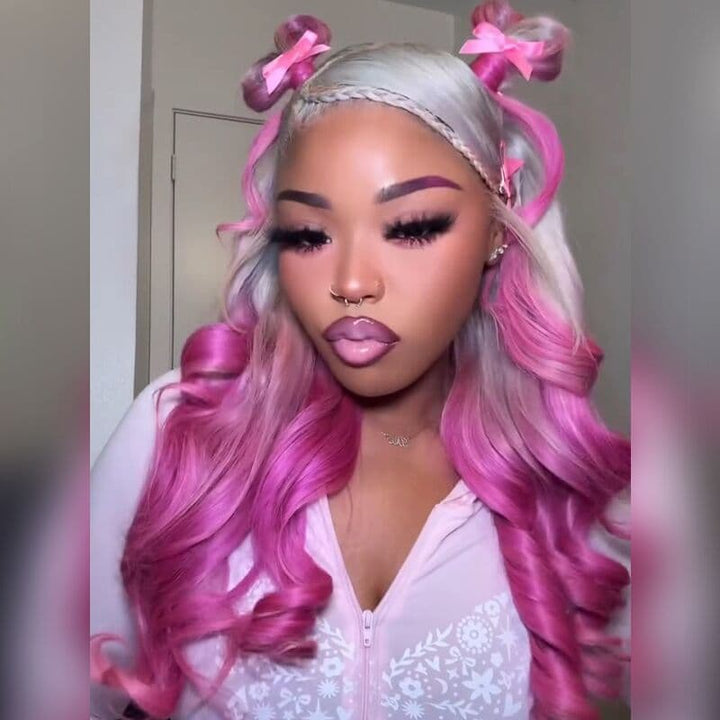 SZC Two Tone Ombre Platinum Silver Gray Vibrant Bubblegum Fuchsia Pink 13x4 Lace Front Human Hair Wig