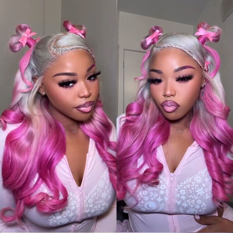 SZC Two Tone Ombre Platinum Silver Gray Vibrant Bubblegum Fuchsia Pink 13x4 Lace Front Human Hair Wig
