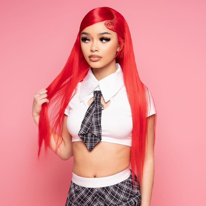 SZC Vibrant Cherry Red Student Affordable Back to School Graduation College Girl 13x4 Lace Front Human Hair Wigs