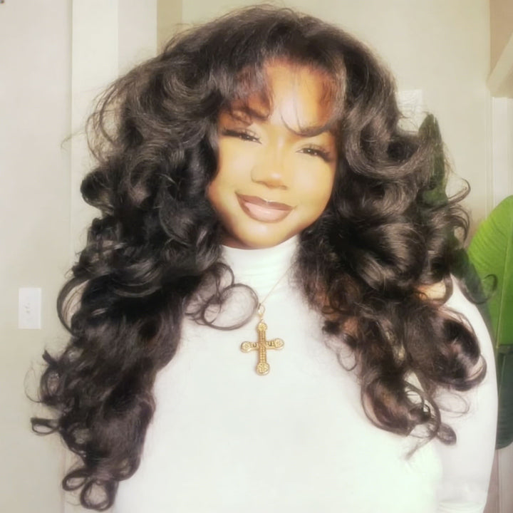 SZC Voluminous Bouncy Loose Wave With Bangs 13x4 Lace Front Human Hair Wig 300 Density