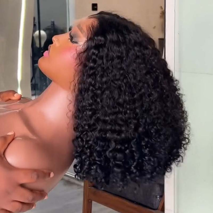 SZC Voluminous Kinky Curly Shoulder Length Short Bob 13x4 Lace Front Human Hair Wigs