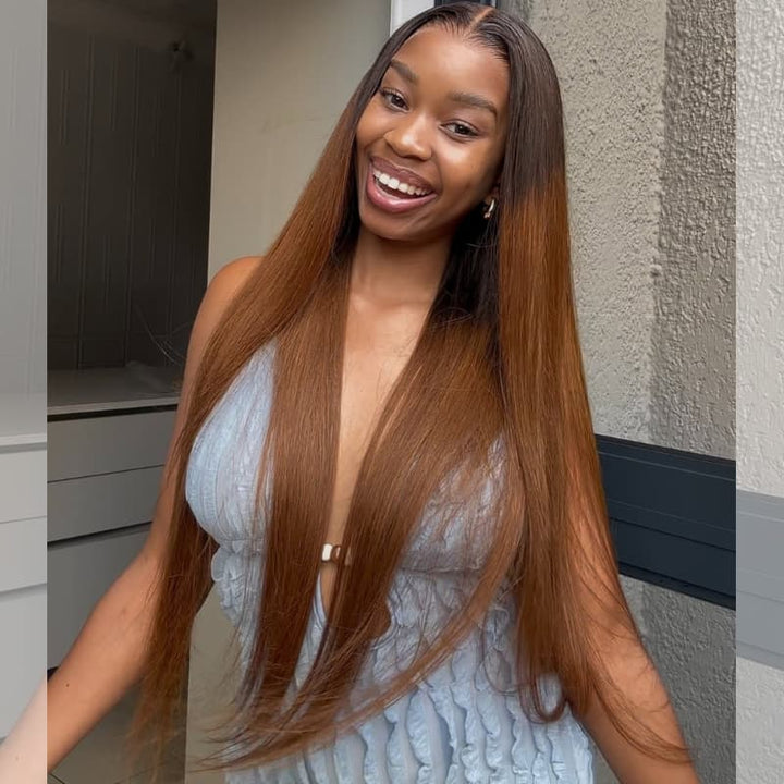 SZC Warm Chestnut Brown with Dark Roots Bone Straight 13X4 Lace Front Human Hair Wigs 250 300 Density