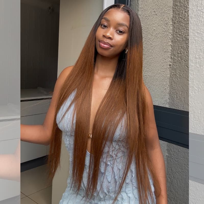 SZC Warm Chestnut Brown with Dark Roots Bone Straight 13X4 Lace Front Human Hair Wigs 250 300 Density