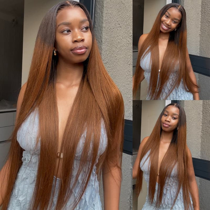 SZC Warm Chestnut Brown with Dark Roots Bone Straight 13X4 Lace Front Human Hair Wigs 250 300 Density