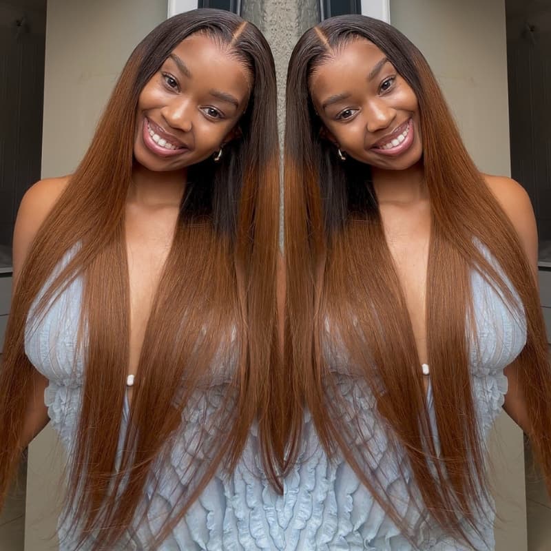 SZC Warm Chestnut Brown with Dark Roots Bone Straight 13X4 Lace Front Human Hair Wigs 250 300 Density