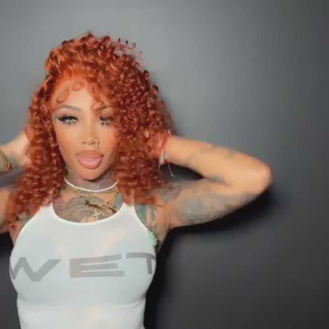 SZC Copper Red Short Bob Bouncy Curly 13x4 Lace Front Human Hair Wigs