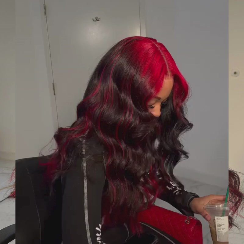 SZC Black With Cherry Red Highlights Roots 13x4 Lace Front Human Hair Wigs 200 Density