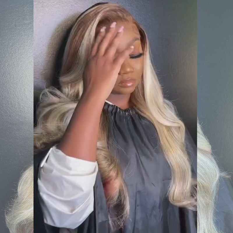 SZC Blonde Color With Brown Pink Highlights Body Wave Lace Front Hair Wigs