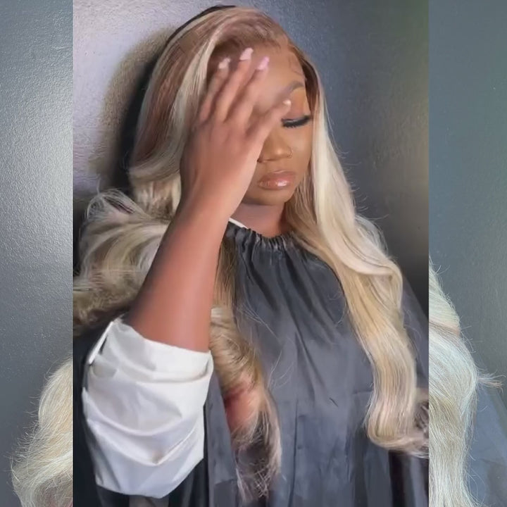 SZC Blonde Color With Brown Pink Highlights Body Wave Lace Front Hair Wigs