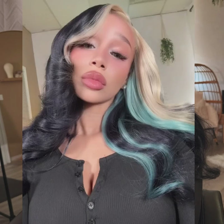 SZC Black Platinum Blonde Split Teal Aqua Blue Money Piece Highlights 13x4 Lace Front Human Hair Wig