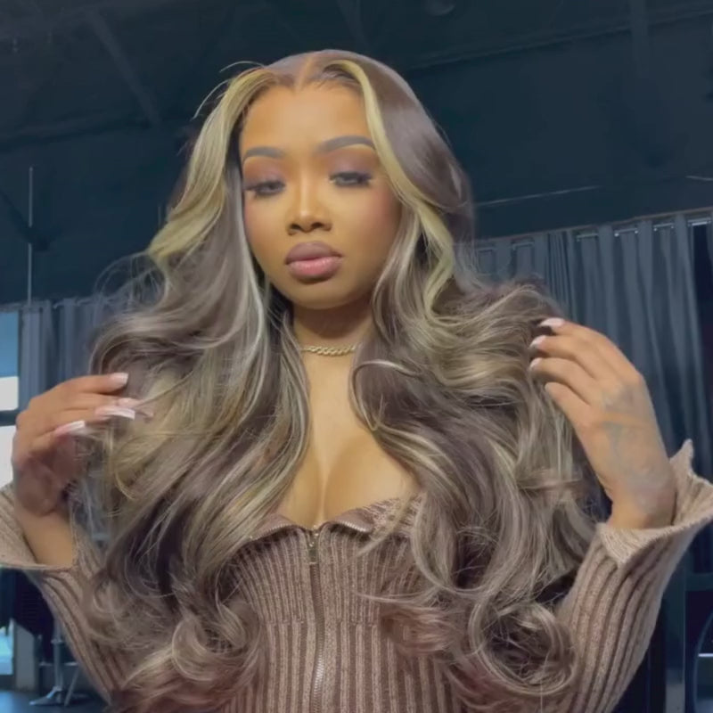 SZC Black With Brown Skunk Stripe Highlights Body Wave Human Hair Wig