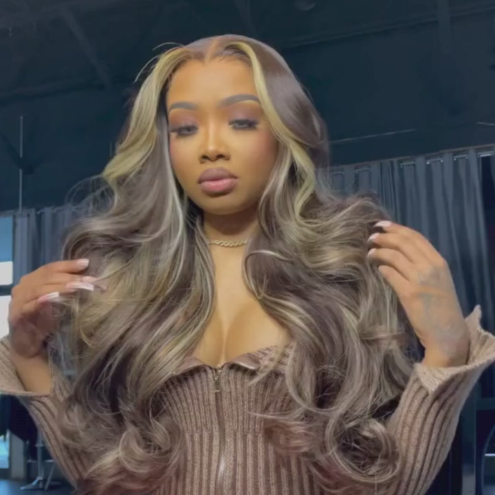 SZC Black With Brown Skunk Stripe Highlights Body Wave Human Hair Wig