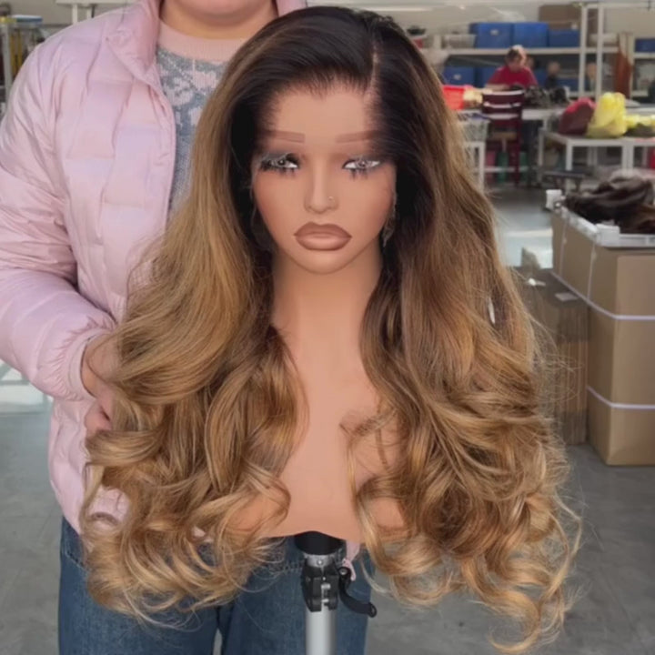 SZC Golden Honey Caramel Brown with Dark Roots 13X4 Lace Front Human Hair Wigs 250 300 Density
