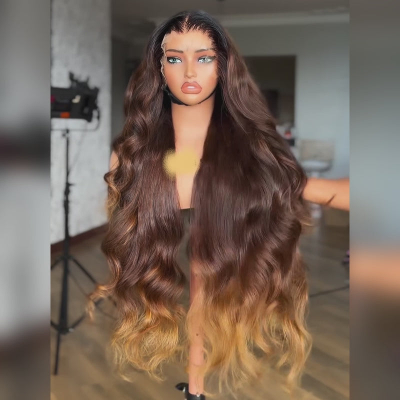 SZC 250 300 Density Ombre Chocolate Brown Honey Blonde 13x4 Lace Front Human Hair Wigs