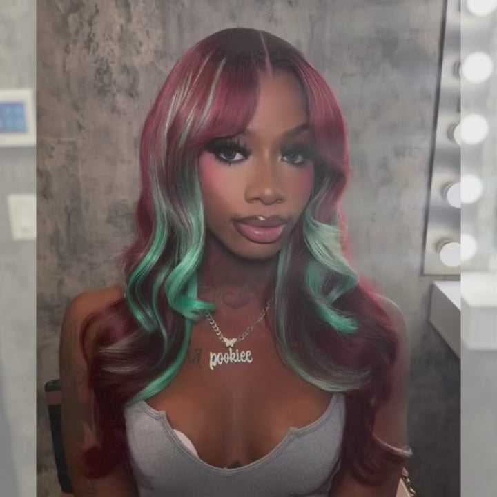 SZC Burgundy Red With Green Highlights 13x4 Lace Front Virgin Human Hair Wigs 200 Density
