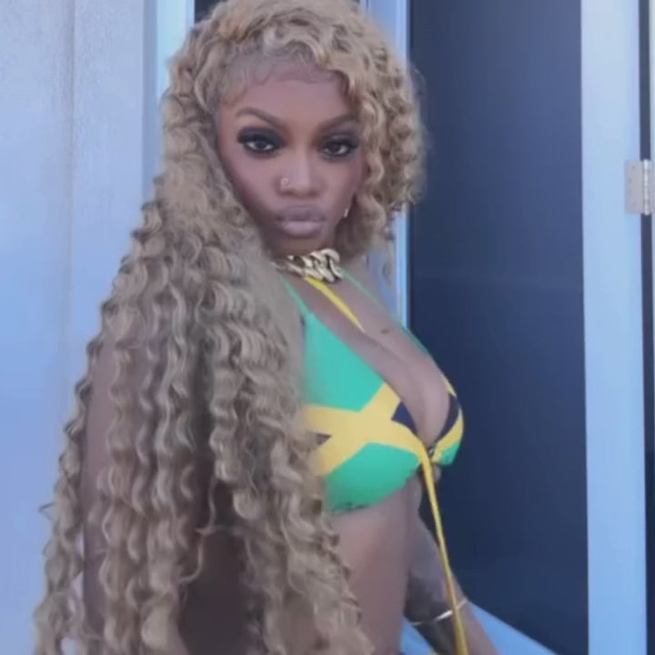 SZC Golden Strawberry Honey Blonde Deep Wave Curly 13x4 Lace Front Human Hair Wigs
