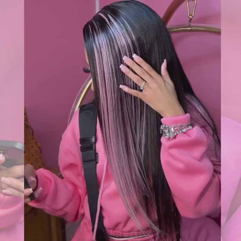 SZC Black With Pink Highlight Streaks Bone Straight 13x4 Lace Front Human Hair Wigs