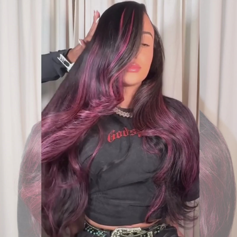 SZC Black With Hot Pink Highlights 13x4 Lace Front Virgin Human Hair Wigs