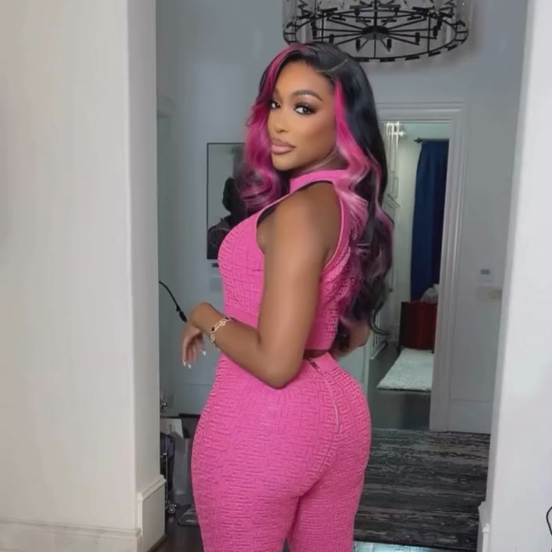 SZC Black With Hot Rose Pink Skunk Stripe Streaks 13x4 Lace Front Virgin Human Hair Wig