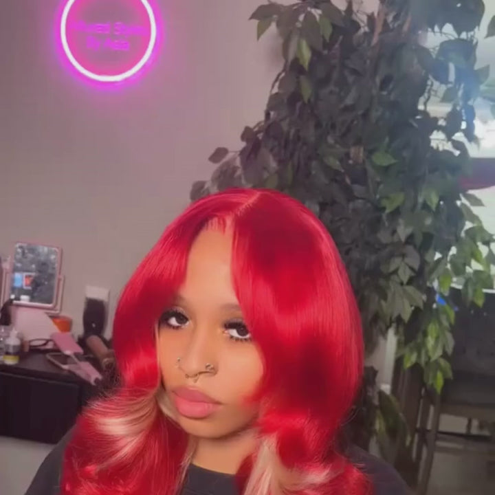 SZC Burgundy Hot Red With Blonde Highlights 13x4 Lace Front Human Hair Wigs 200 Density