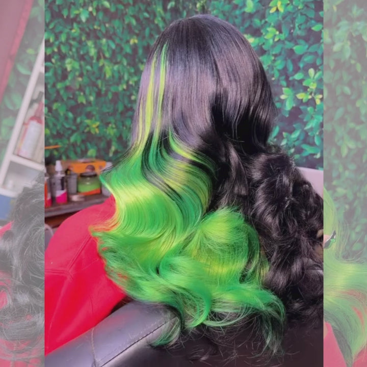 SZC Black With Green Highlights Streaks 13x4 Lace Front Virgin Human Hair Wigs