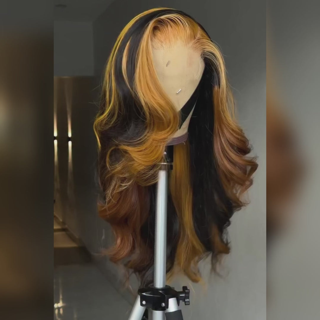 SZC Dark Brown Golden Blonde Highlight Body Wave Lace Front Human Hair Wig