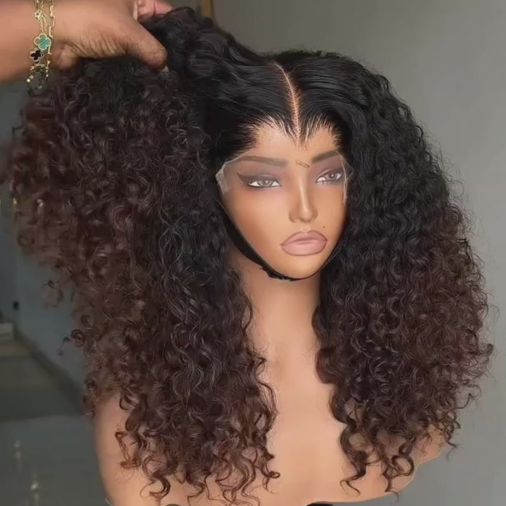 SZC Bouncy Springy Coils Tight Curly Ombre Black Brown 300 Density 13x4 Lace Front Human Hair Wig