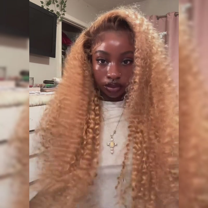 SZC Strawberry Honey Blonde With Dark Roots Bohemian Spring Loose Curl Human Hair Wigs