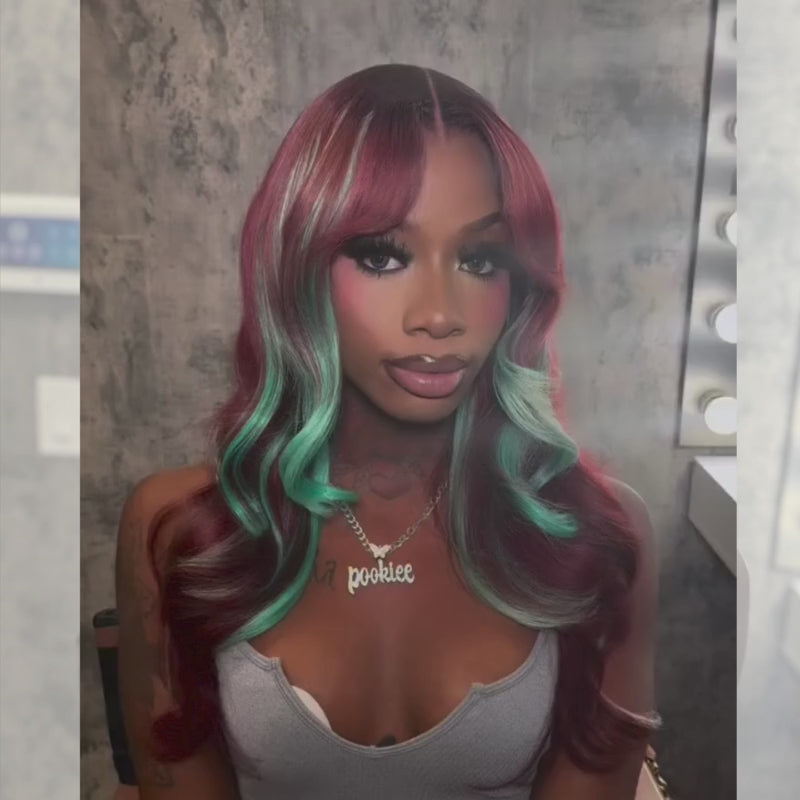 SZC Burgundy Red With Pastel Green Highlights 13x4 Lace Front Virgin Human Hair Wigs