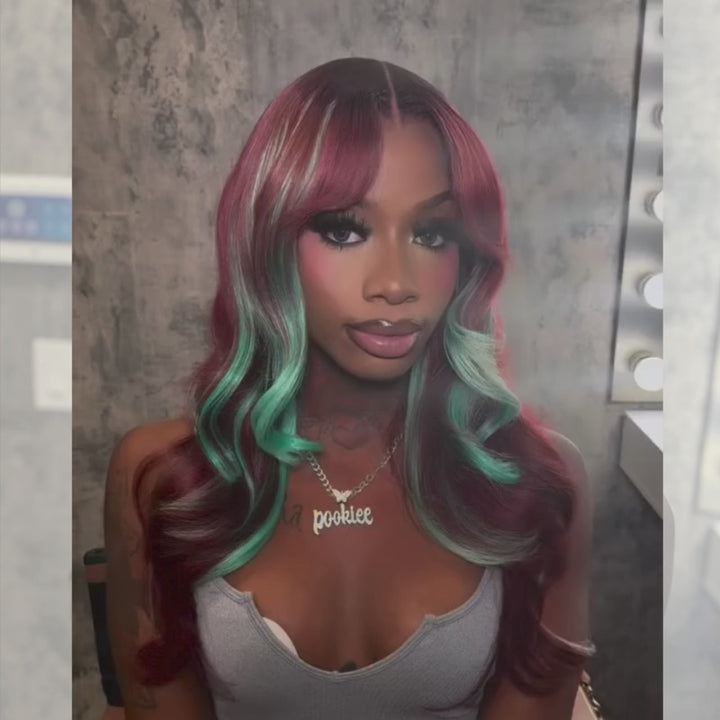 SZC Burgundy Red With Pastel Green Highlights 13x4 Lace Front Virgin Human Hair Wigs