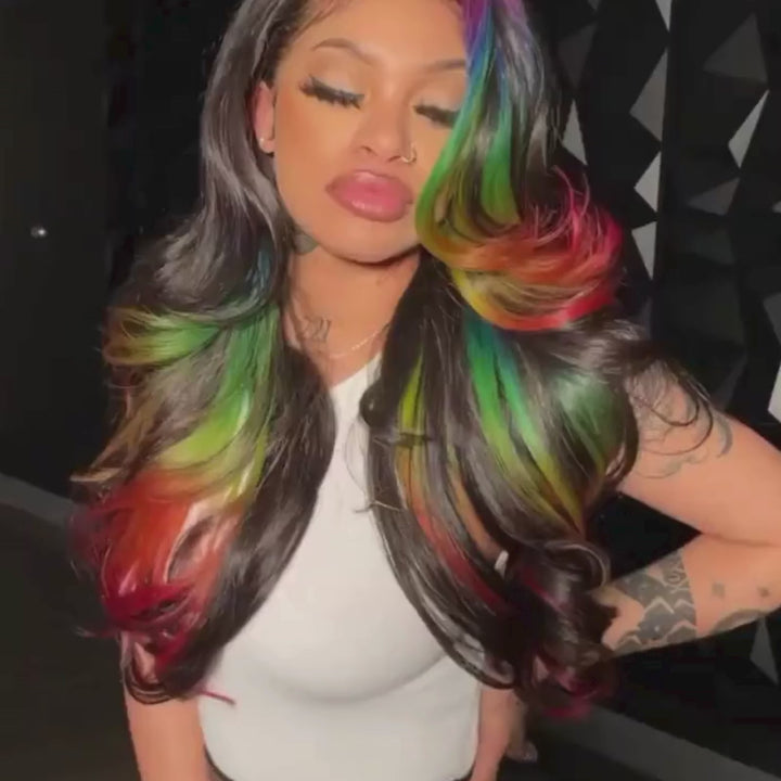 SZC Black With Blue Green Red Highlight 13x4 HD Lace Front Human Hair Wigs