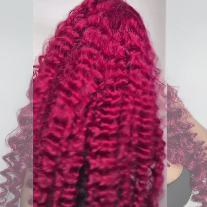 SZC Burgundy Red Wand Curl 13x4 HD Lace Front Human Hair Wigs