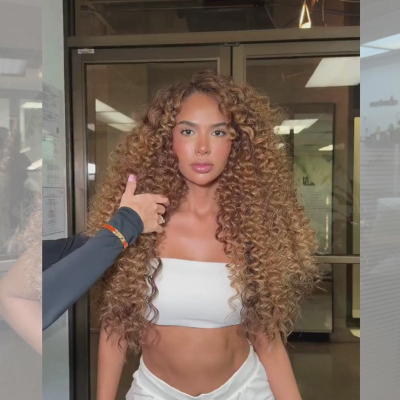 SZC Caramel Blonde Brown Fluffy Spiral Deep Curly 13x4 Lace Front Human Hair Wigs