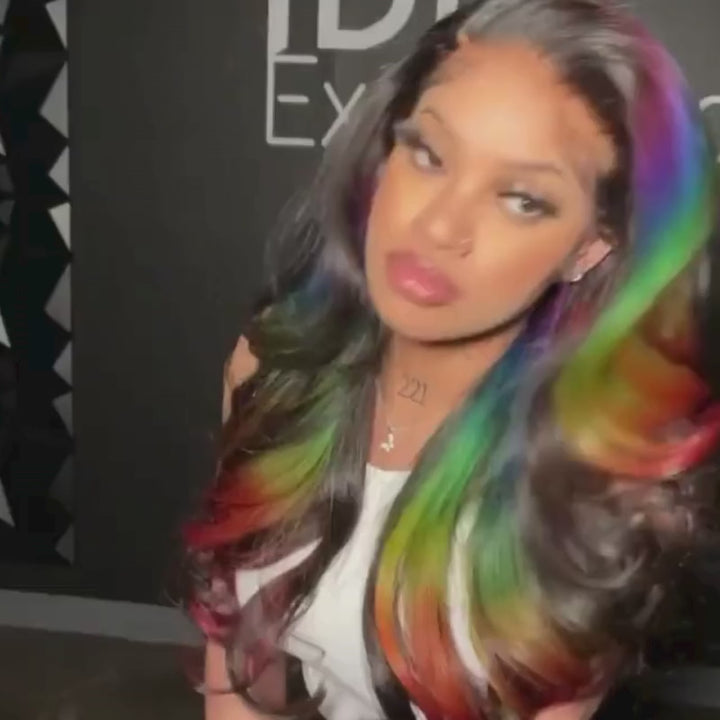 SZC Black With Blue Green Red Highlight 13x4 HD Lace Front Human Hair Wigs